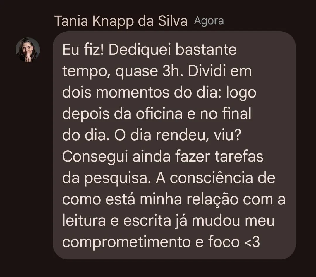 Depoimento de uma participante da Oficina de Leitura e Escrita