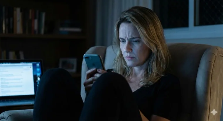 Pesquisadora olhando o celular à noite, preocupada