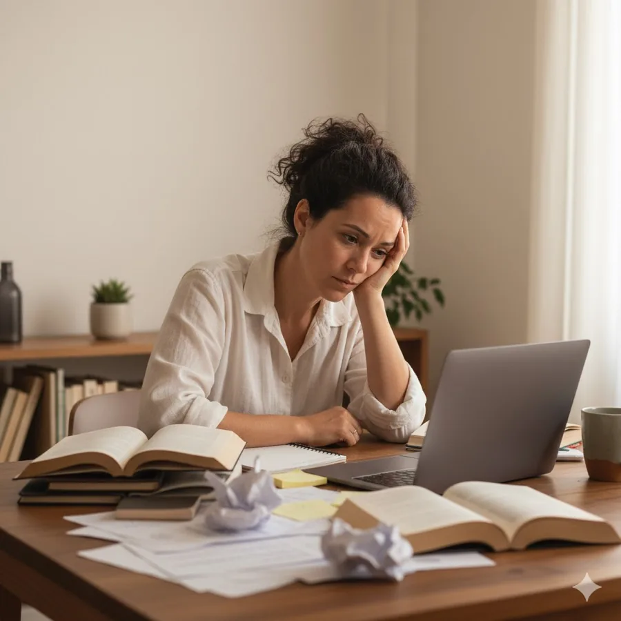 Pesquisadora diante do computador, cercada de livros e papel amassado