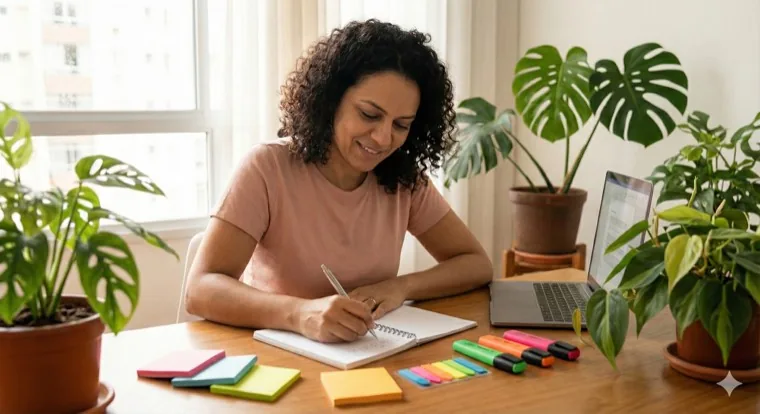 Pesquisadora fichando um texto no caderno
